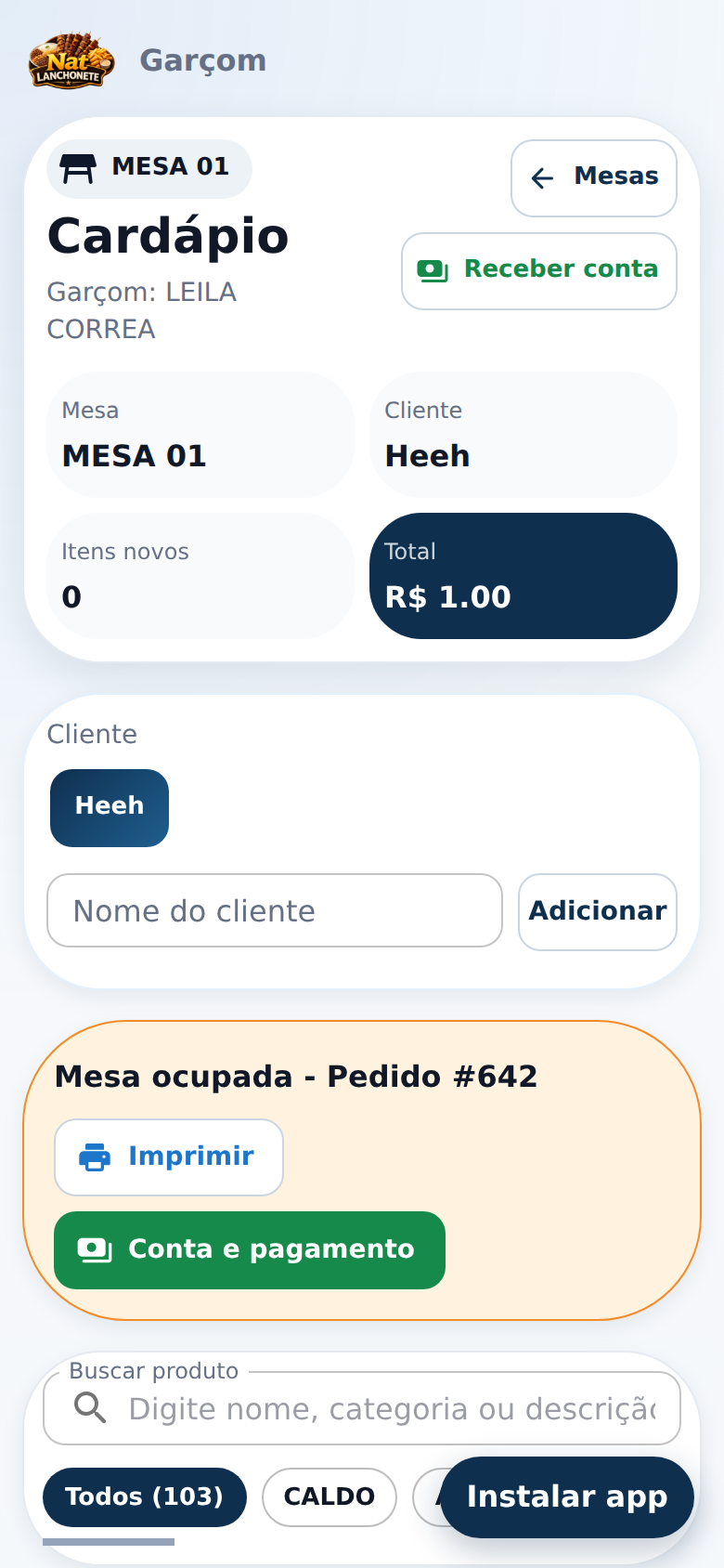 App do garçom com mesa aberta e cardápio