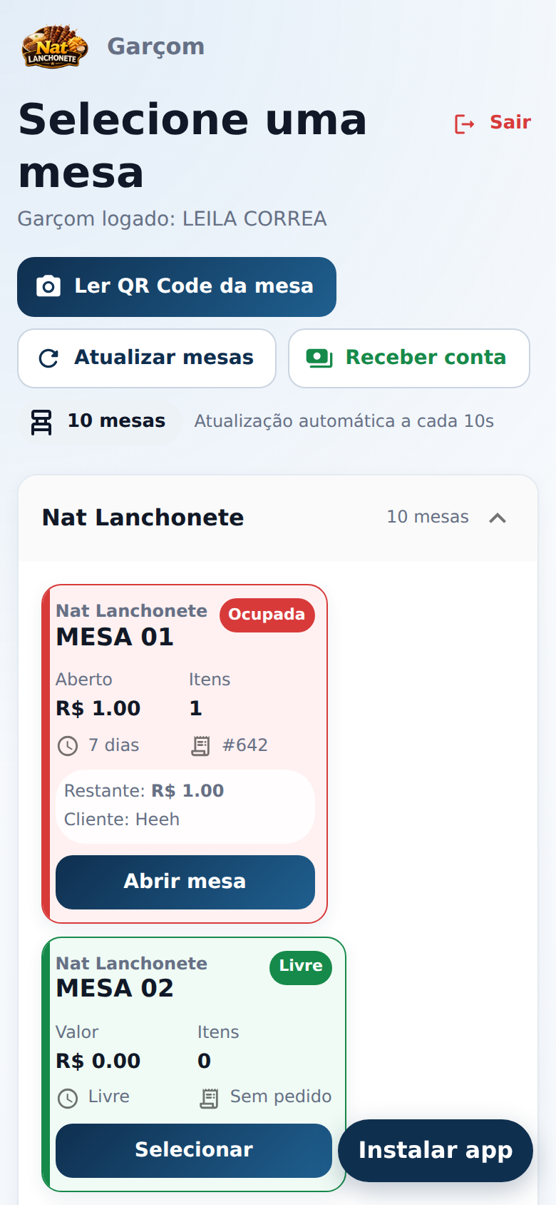 App do garçom com lista real de mesas