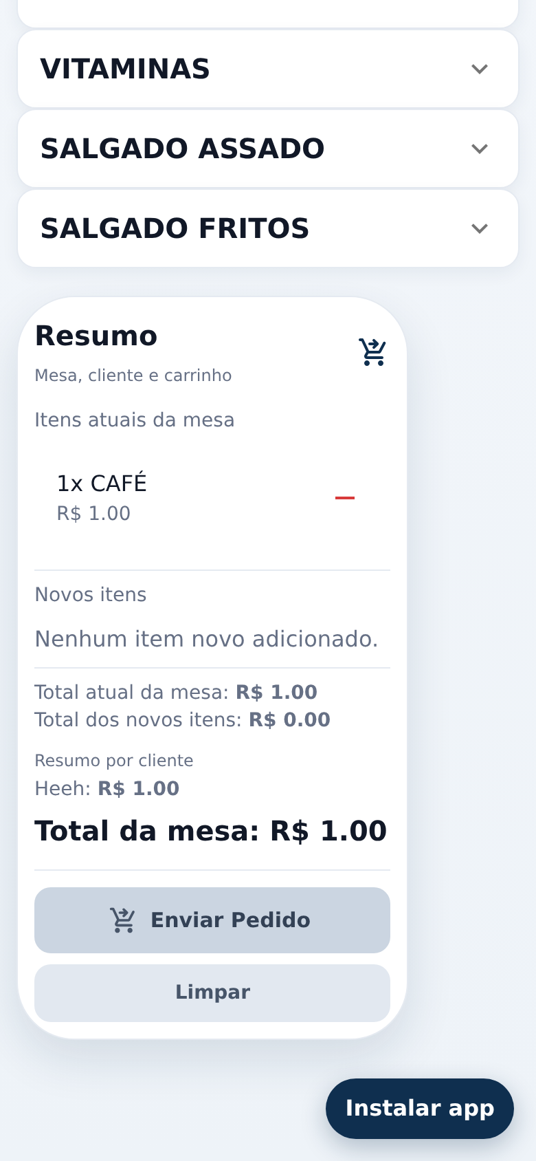 App do garçom com itens e envio de pedido